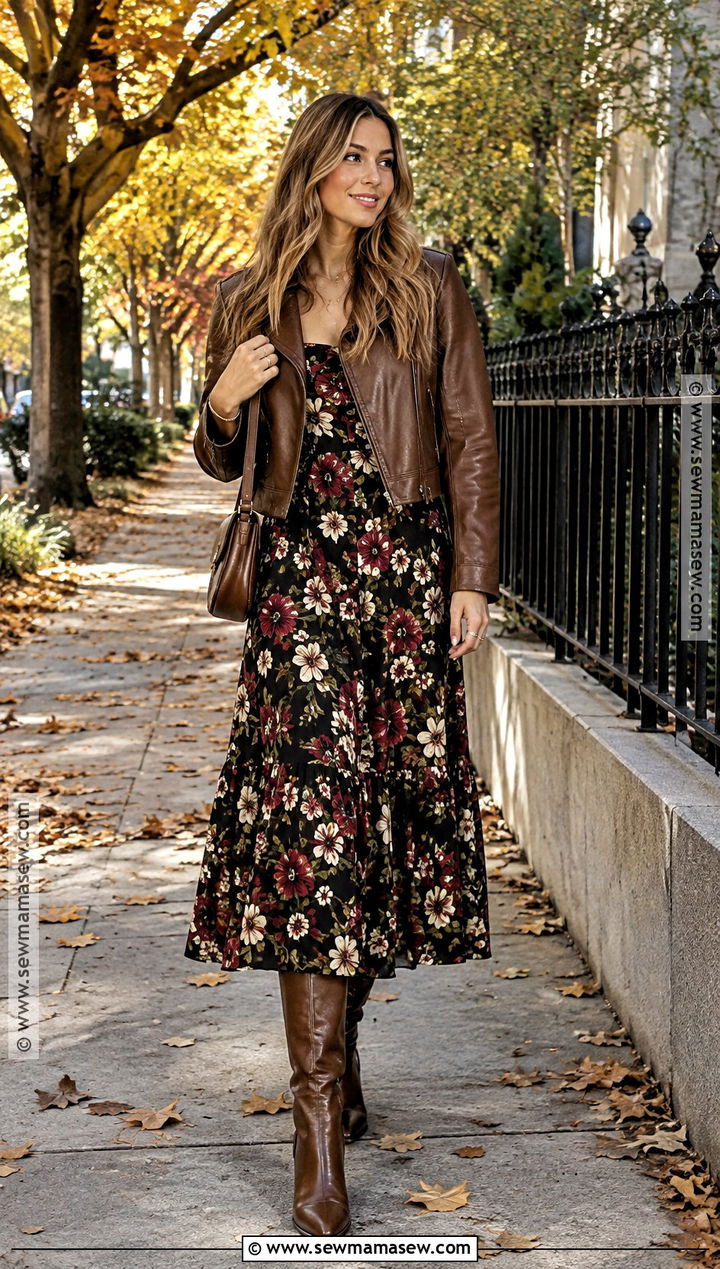 Brown Leather Jacket With Floral Midi Dress - 15 Brown Leather Jacket Fall Ideas
