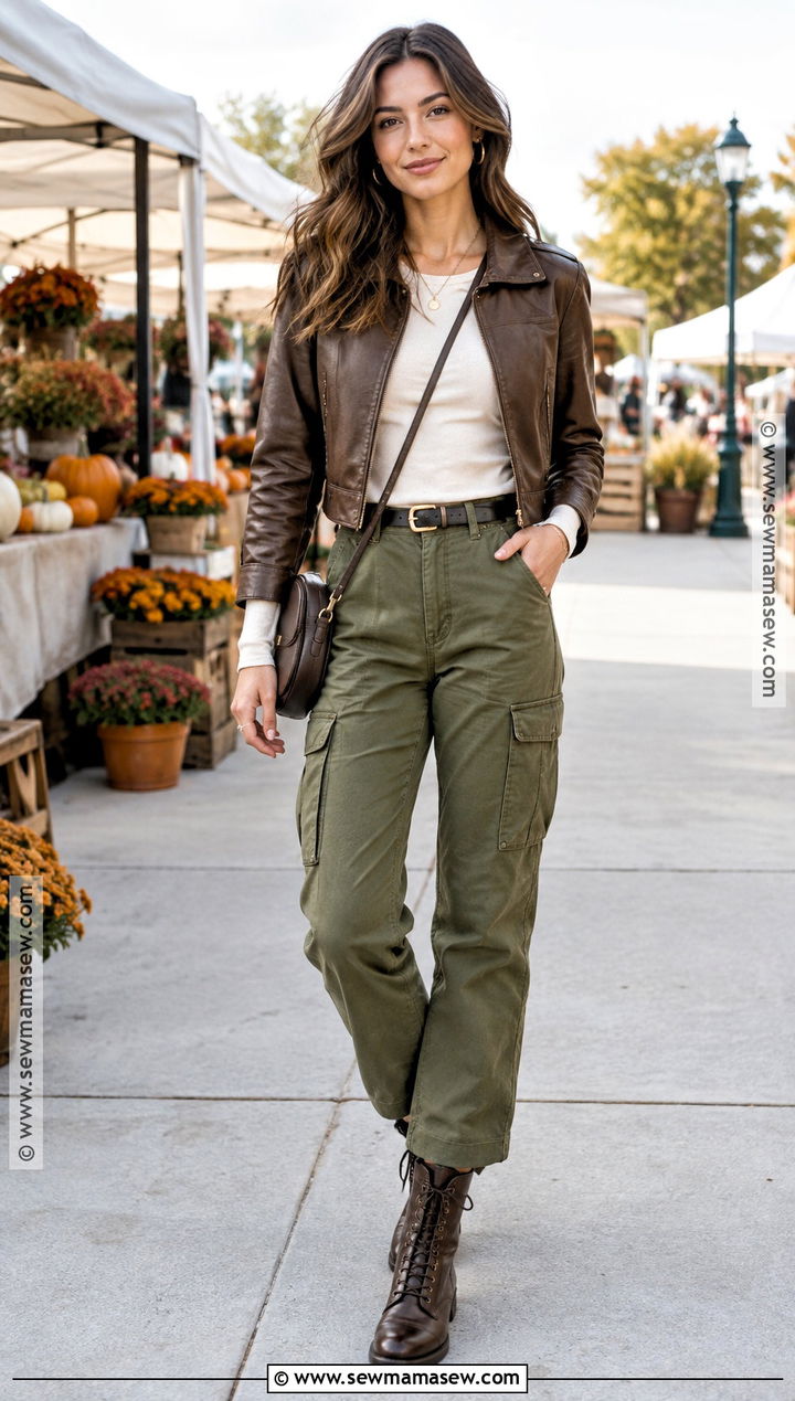 Brown Leather Jacket With Olive Cargo Pants - 15 Brown Leather Jacket Fall Ideas