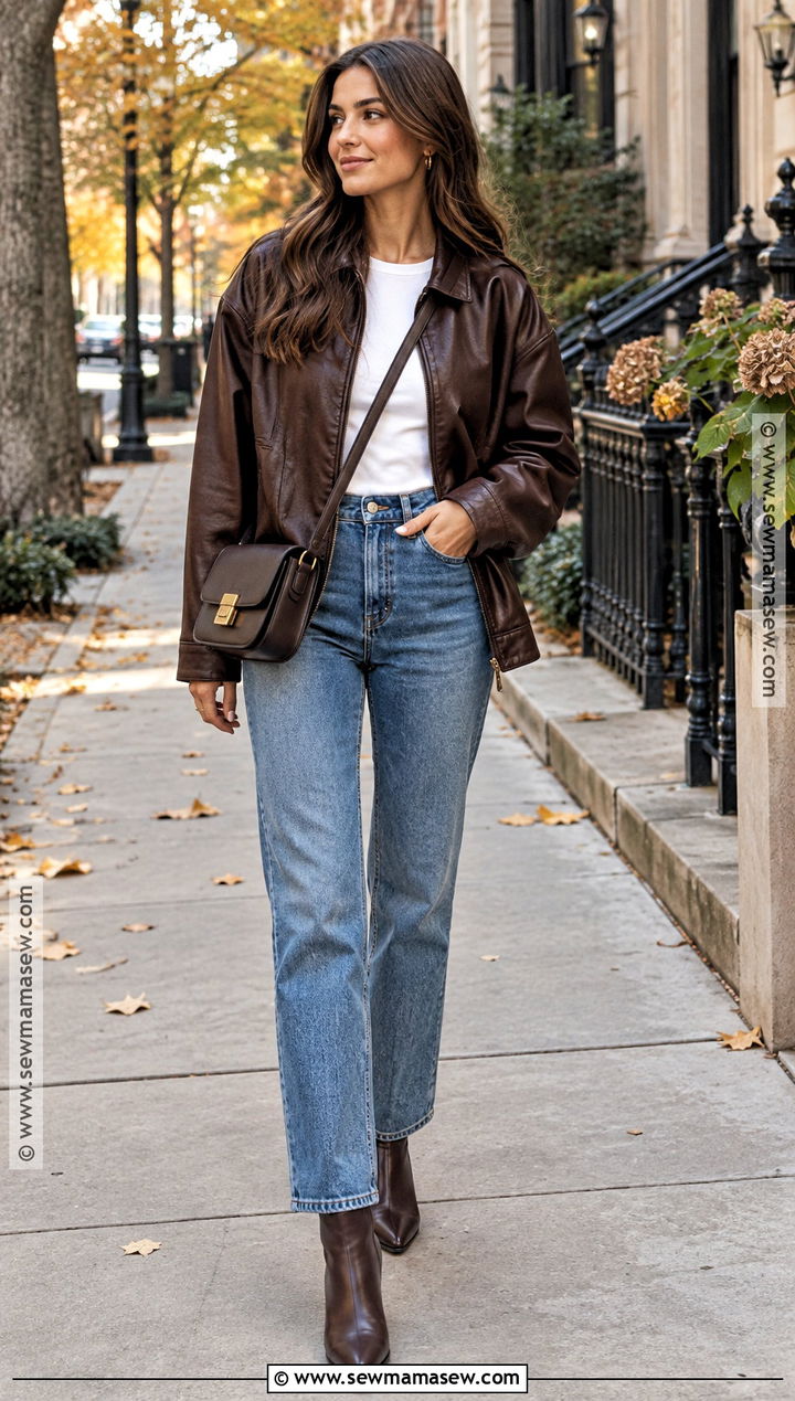 Brown Leather Jacket With Straight Leg Jeans - 20 brown fall jacket ideas