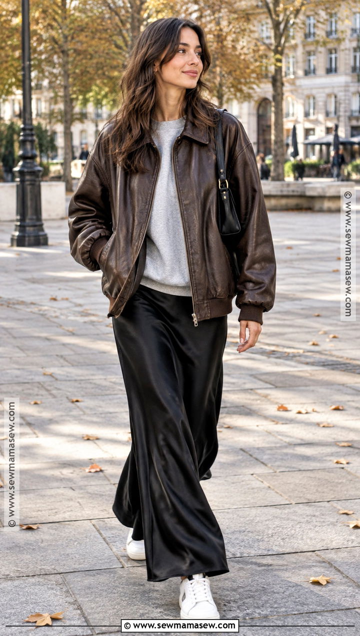Brown Leather Jacket With Sweatshirt And Maxi Skirt - 20 fall outfits brown leather jacket
