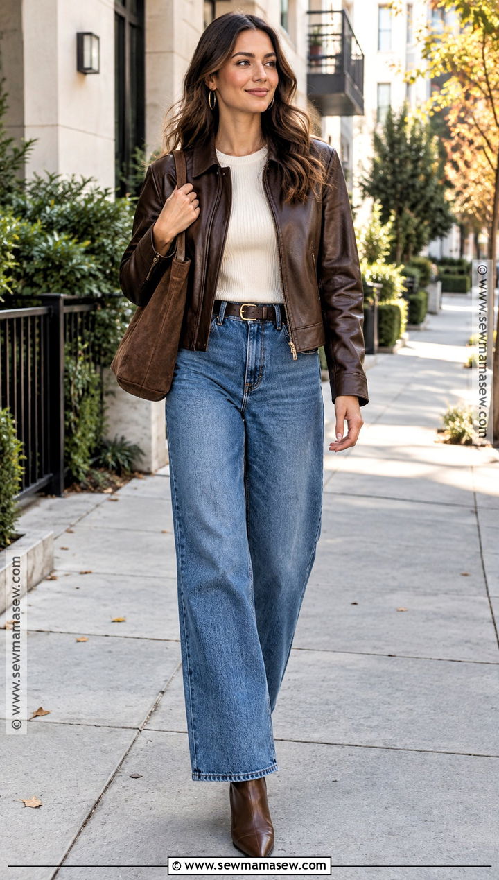 Brown Leather Jacket With Wide Leg Jeans - 25 Fall Leather Jacket Outfit Ideas