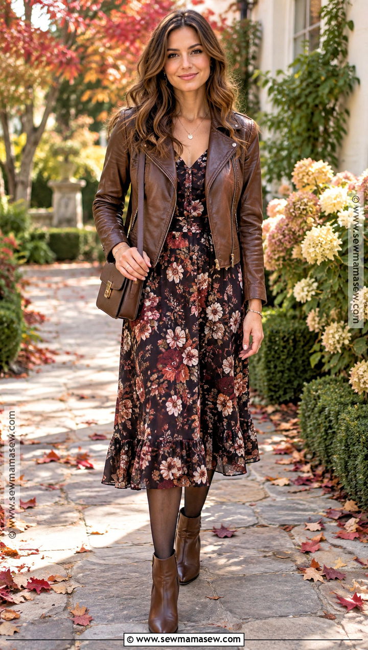 Brown Leather Jacket With a Floral Midi Dress - 15 fall outfit brown leather jacket ideas