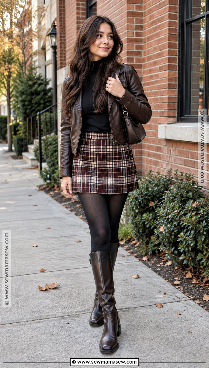 Brown Leather Jacket With a Plaid Mini Skirt - 15 fall outfit brown leather jacket ideas