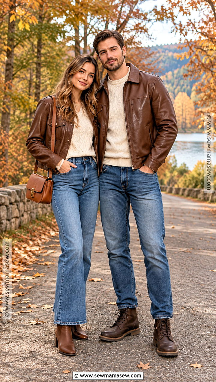 Brown Leather Jacket and Blue Jeans Couple Outfit - 25 matching fall outfits for couples
