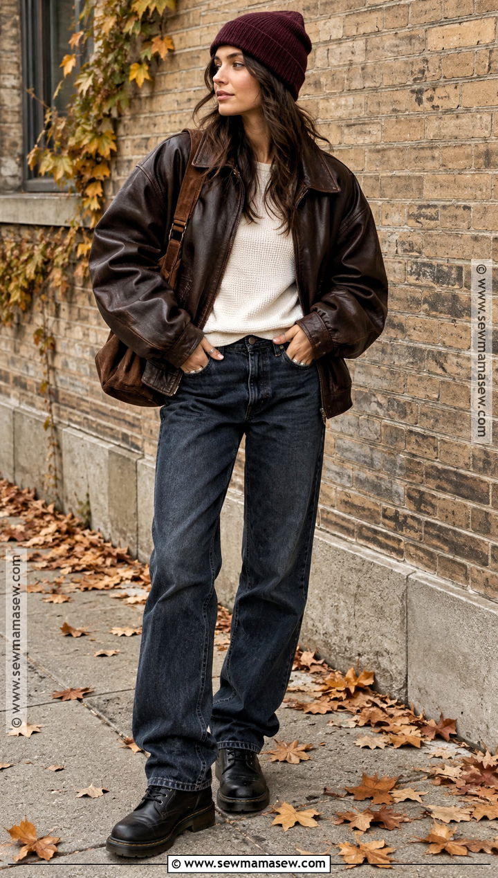 Brown Leather Jacket and Dark Wash Jeans Grungy Fall Outfit - 25 grungy fall outfits