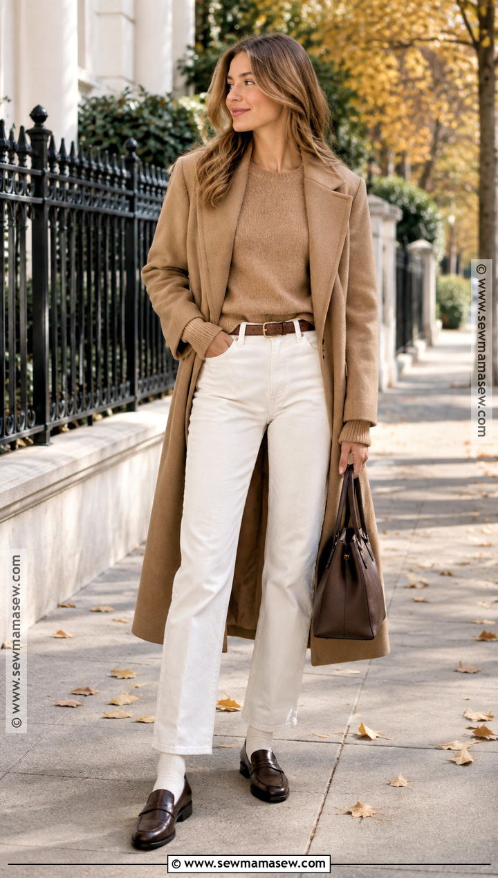 Brown Leather Loafers With White Jeans And A Camel Coat - 15 leather loafers fall fashion ideas