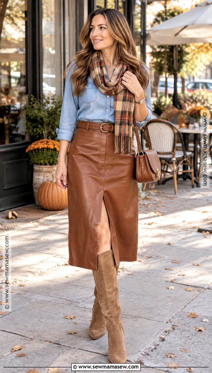 Brown Leather Midi Skirt With Chambray Shirt and Suede Boots - 20 brown leather skirt outfit fall ideas