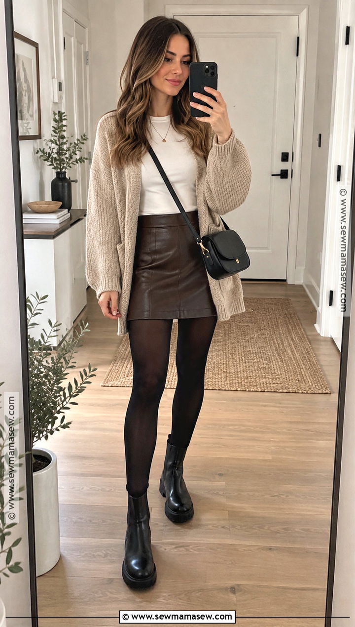 Brown Leather Mini Skirt With Oversized Cardigan and Chelsea Boots - 20 brown leather skirt outfit fall ideas