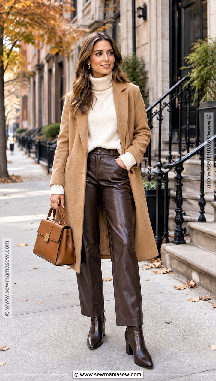 Brown Leather Pants With Cream Sweater And Ankle Boots - 15 brown leather pants fall outfit