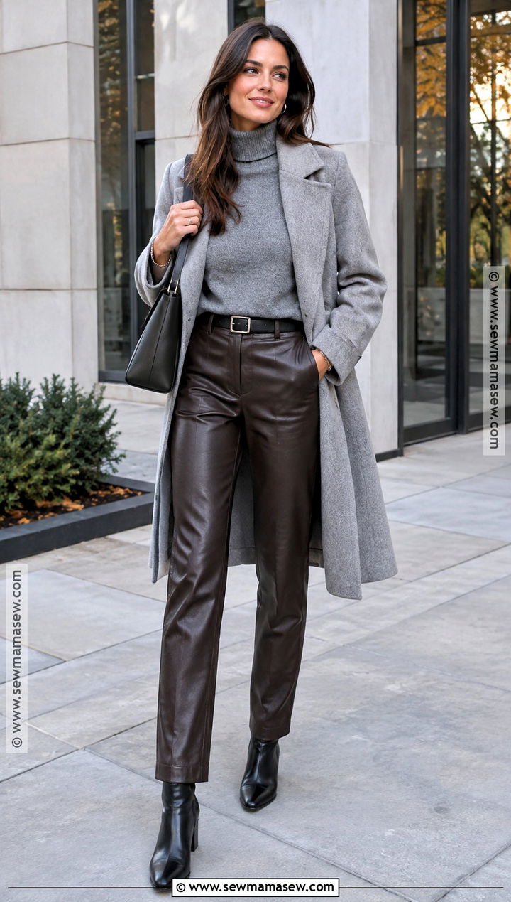 Brown Leather Pants With Gray Sweater And Black Boots - 15 brown leather pants fall outfit