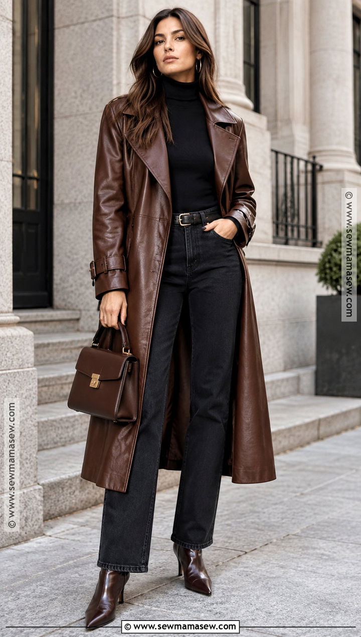 Brown Leather Trench Coat With Black Turtleneck - 20 fall outfits trench coat