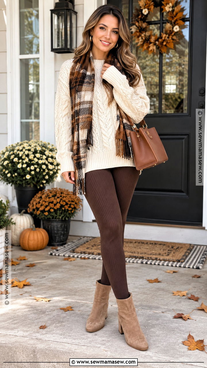 Brown Leggings And Cream Sweater Thanksgiving Outfit - 20 leggings thanksgiving outfit