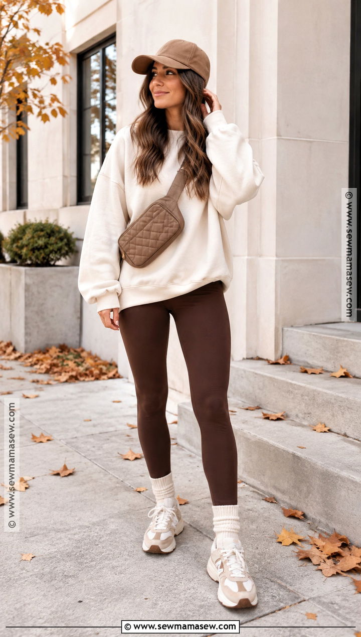 Brown Leggings With Cream Sweatshirt - 25 leggings outfit fall