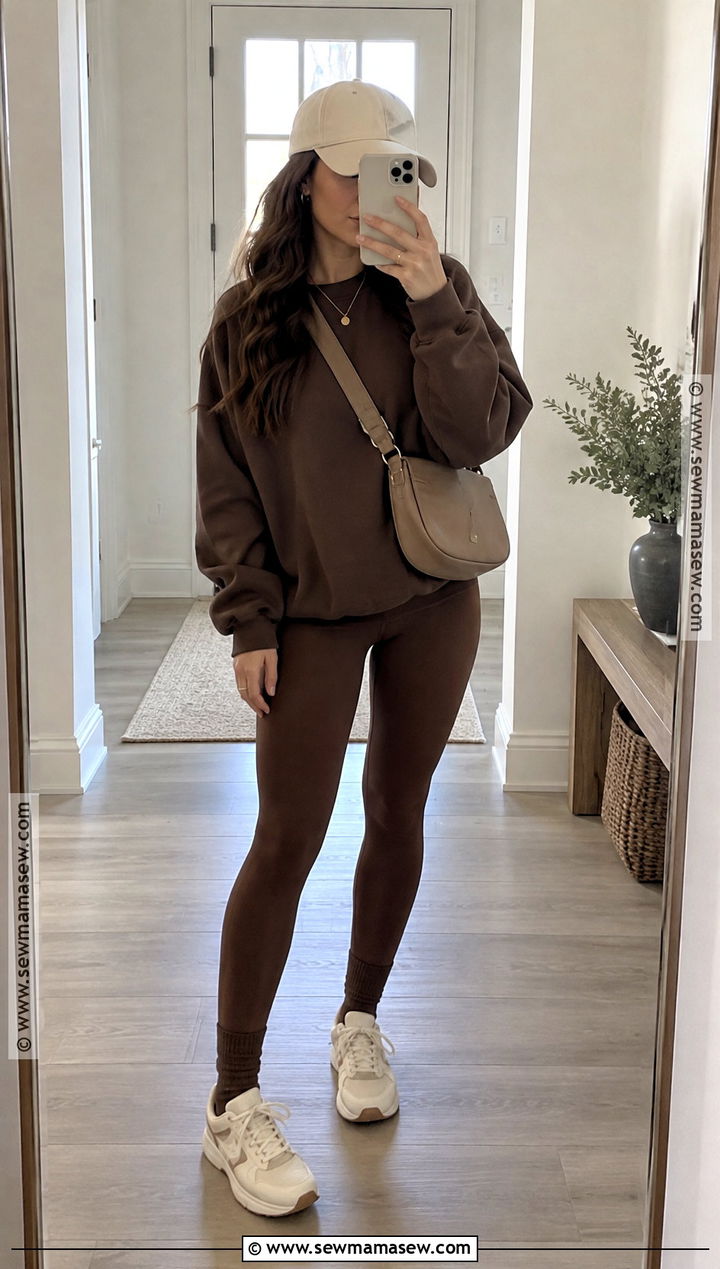 Brown Leggings With Matching Sweatshirt And Sneakers - 15 Fall 2026 Outfits Leggings