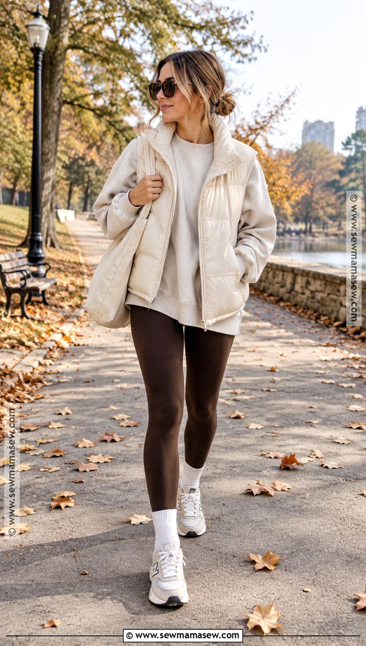 Brown Leggings With Quilted Vest And Sweatshirt - 25 brown leggings outfit fall