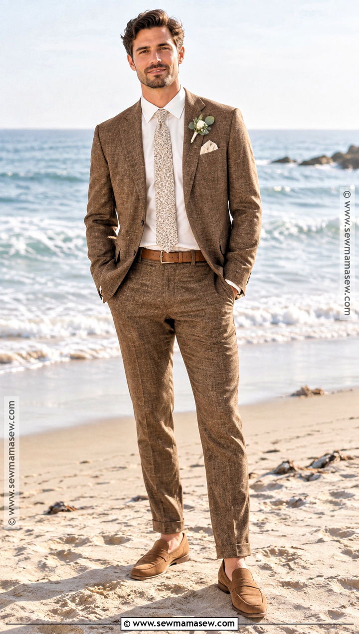 Brown Linen Suit For A Fall Beach Wedding - 15 fall beach wedding groom attire ideas