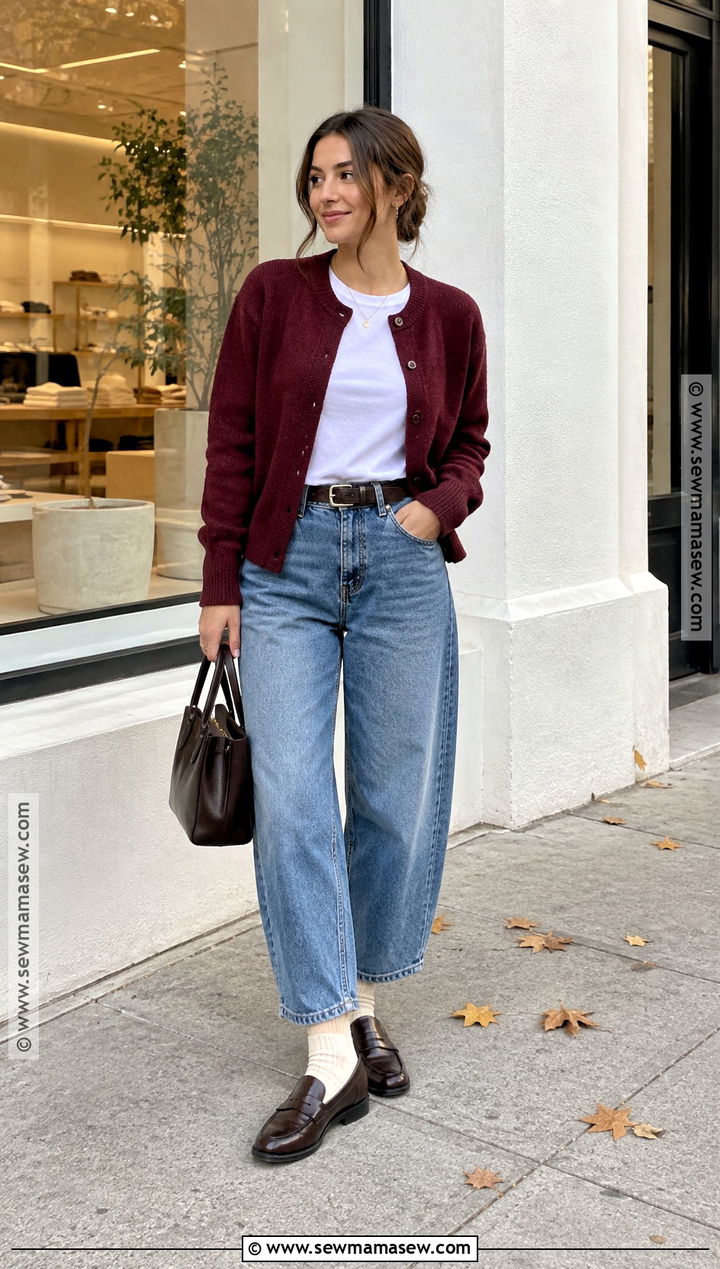 Brown Loafers With Barrel Jeans And Cardigan - 15 Brown Loafers Fall Fashion Ideas