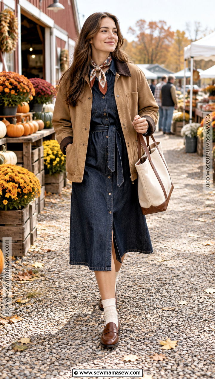 Brown Loafers With Denim Dress and Barn Jacket - 15 brown loafers for fall ideas