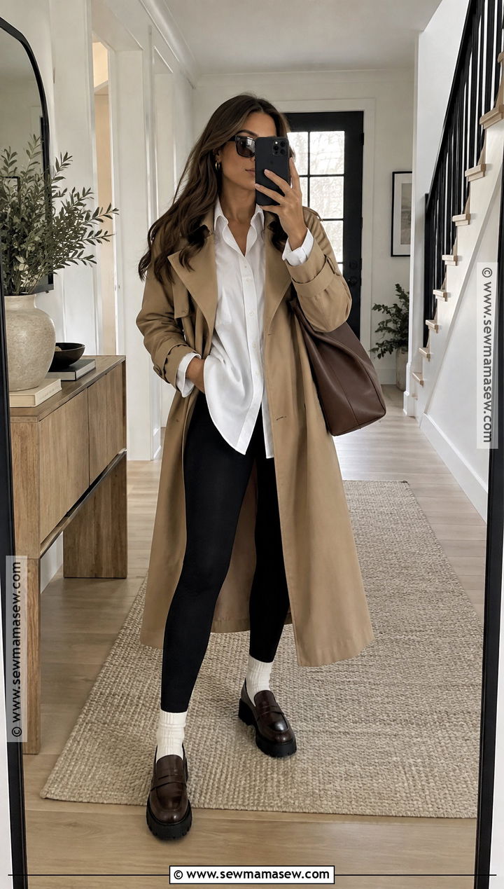 Brown Loafers With Leggings and Trench Coat - 15 brown loafers for fall ideas