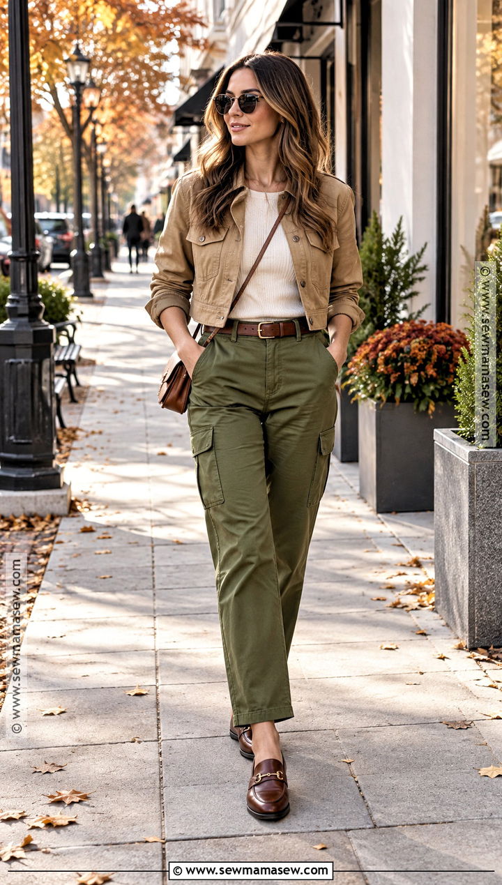 Brown Loafers With Olive Cargo Pants and Cropped Jacket - 15 brown loafers for fall ideas
