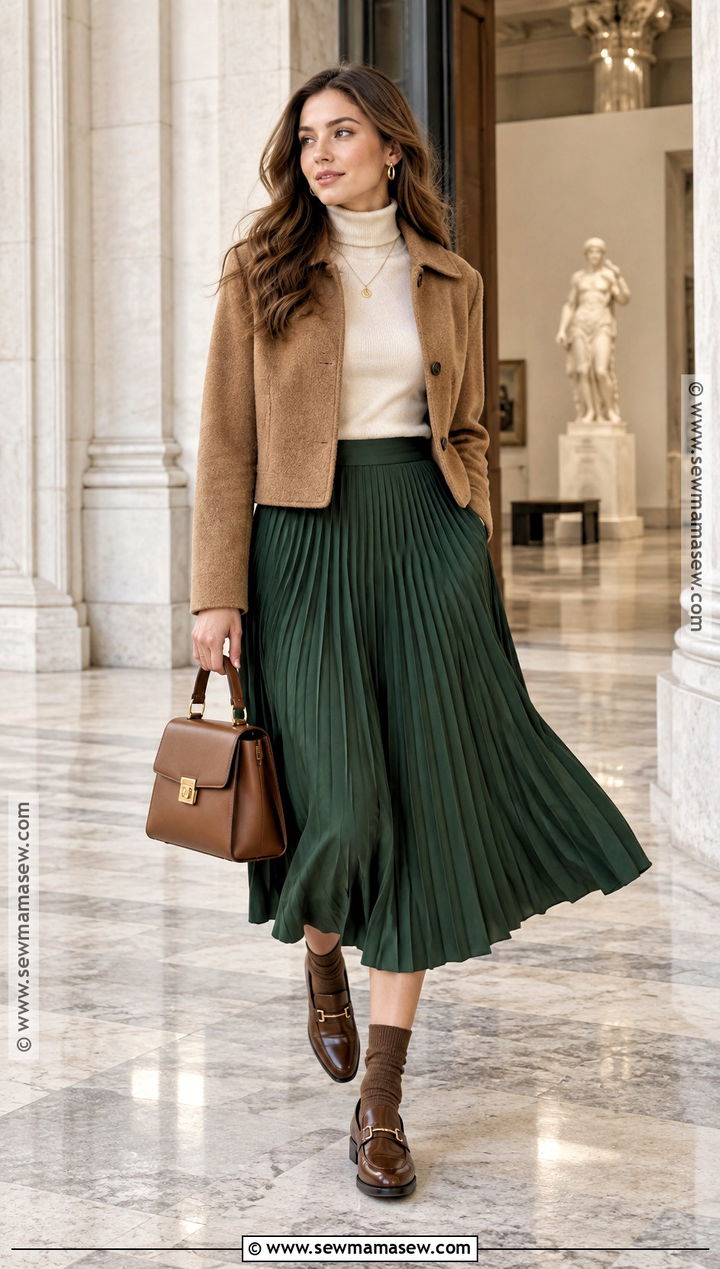 Brown Loafers With Pleated Midi Skirt and Turtleneck - 15 brown loafers for fall ideas