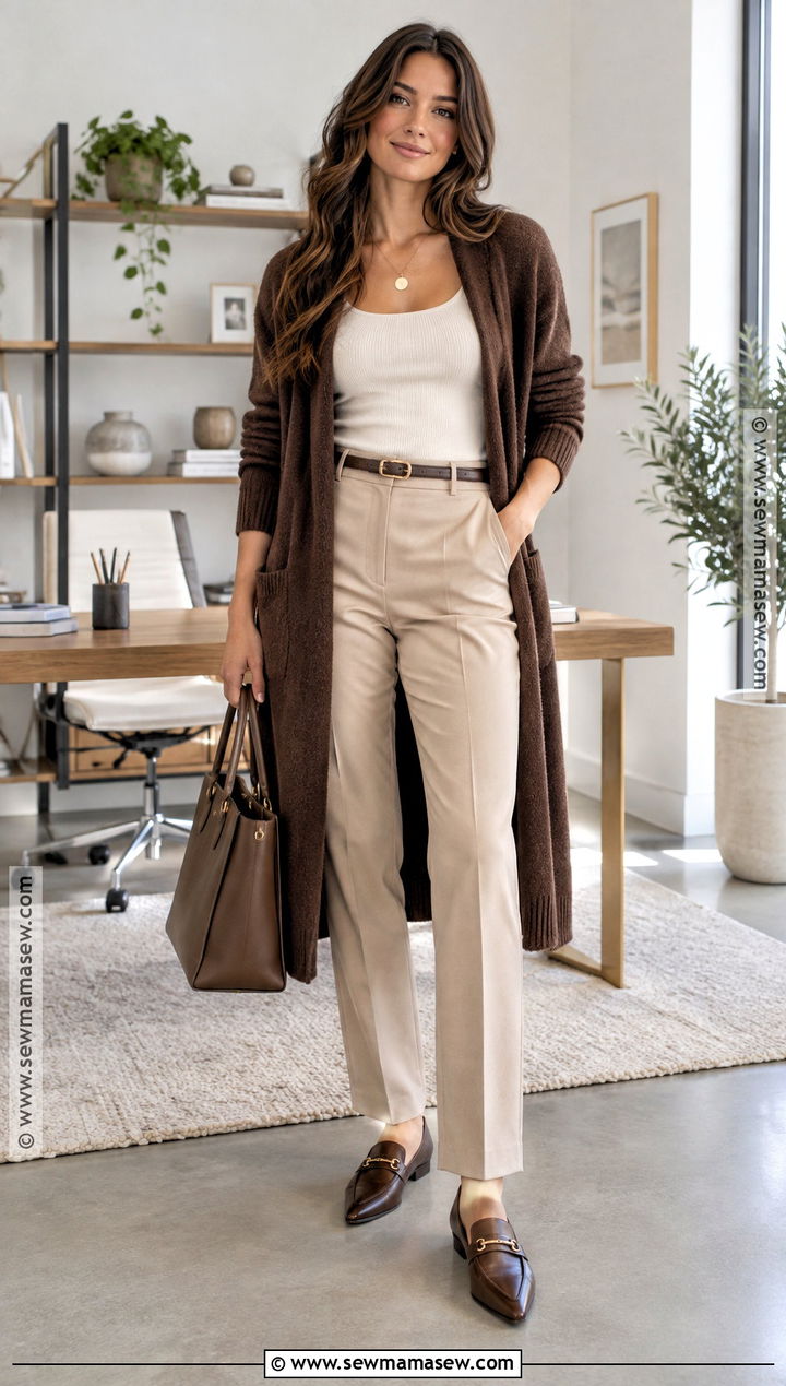 Brown Long Cardigan With Tank Top And Tailored Pants - 15 Autumn Brown Knitwear Ideas
