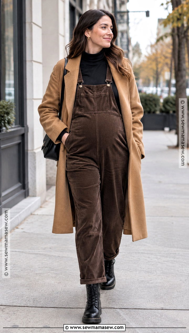 Brown Maternity Overalls With Black Mock Neck Top - 15 maternity overalls outfit fall
