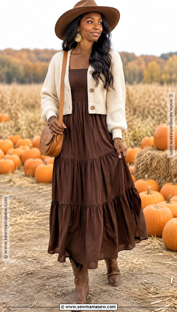 Brown Maxi Dress And Cropped Cardigan Pumpkin Patch Outfit - 25 pumpkin patch outfit ideas for black women