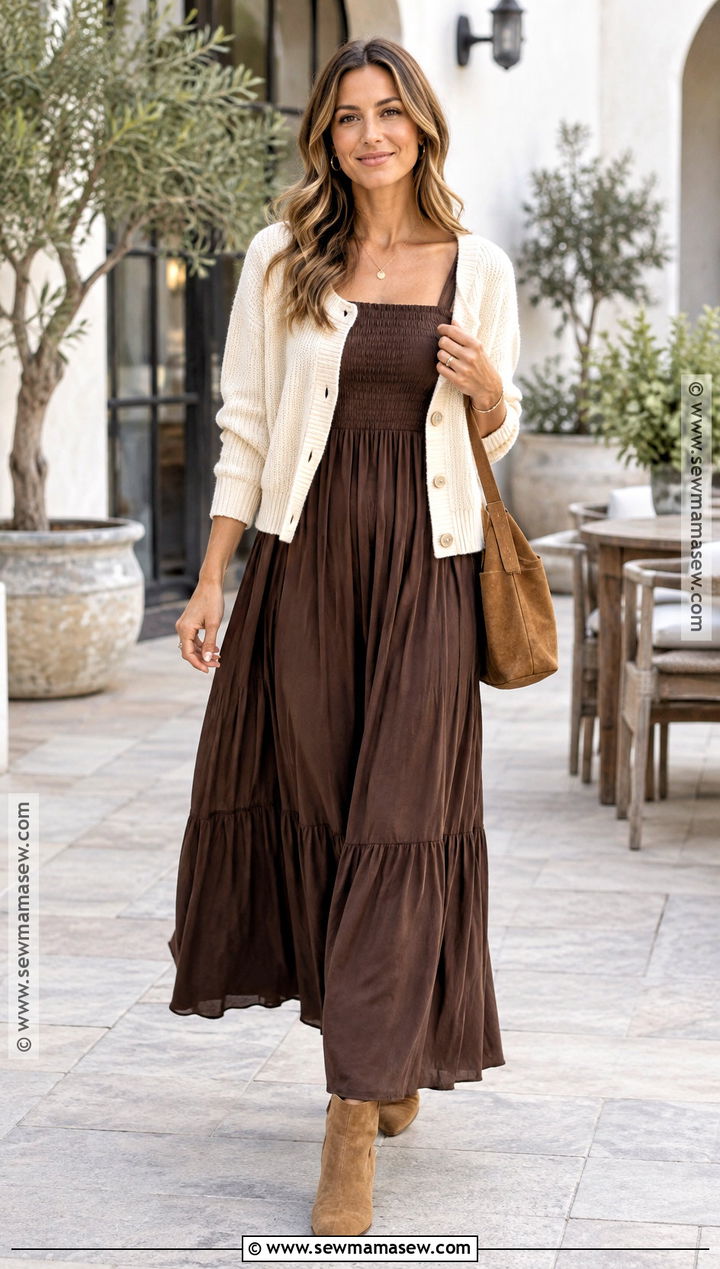 Brown Maxi Dress With Cream Cardigan - 25 fall dress ideas