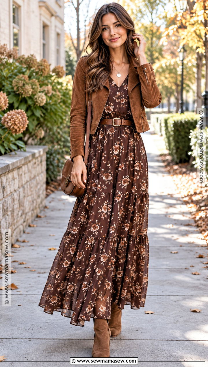 Brown Maxi Dress and Cropped Jacket Outfit - 20 Brown Outfit Autumn Ideas