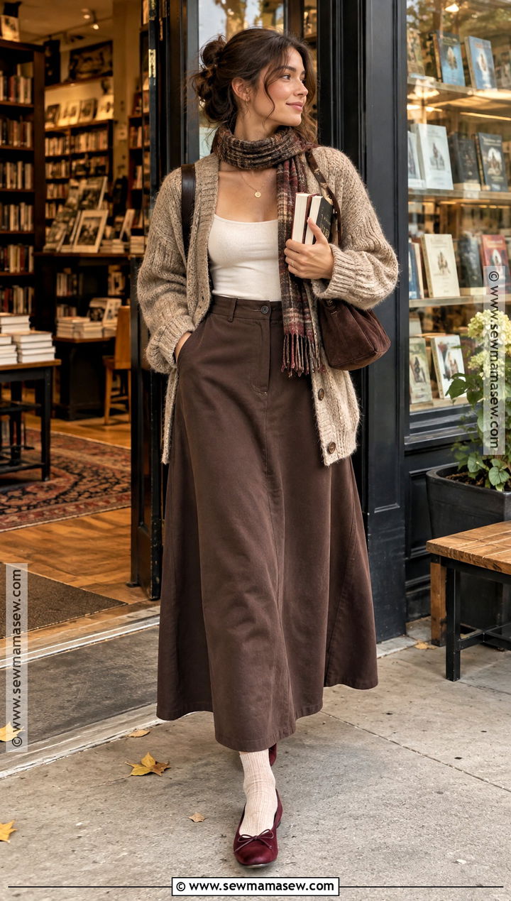 Brown Maxi Skirt With Chunky Cardigan And Ballet Flats - 20 brown maxi skirt outfit fall ideas