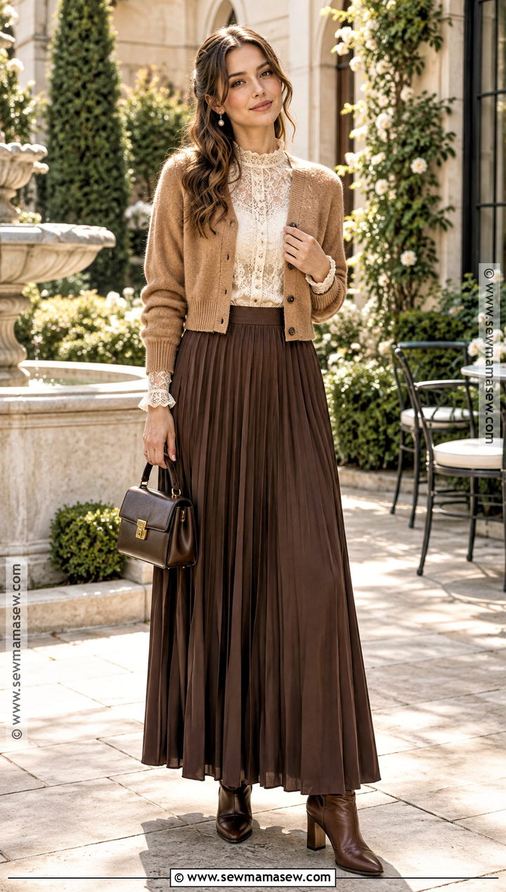 Brown Maxi Skirt With Lace Blouse And Cardigan - 20 brown maxi skirt outfit fall ideas