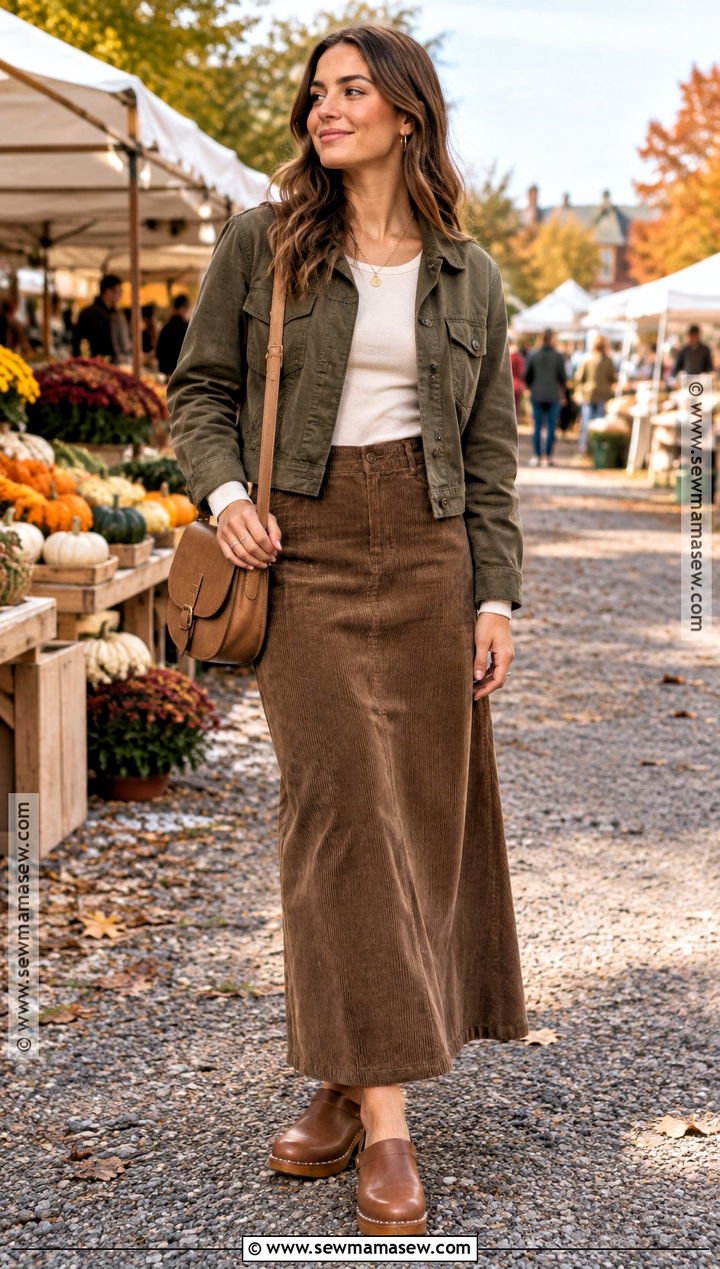 Brown Maxi Skirt With Olive Utility Jacket And Clogs - 20 brown maxi skirt outfit fall ideas