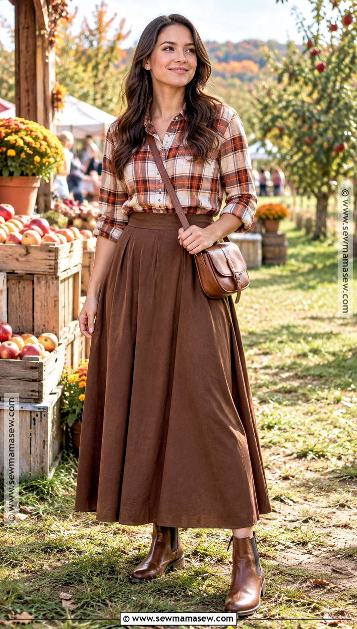 Brown Maxi Skirt With Plaid Shirt And Chelsea Boots - 20 brown maxi skirt outfit fall ideas