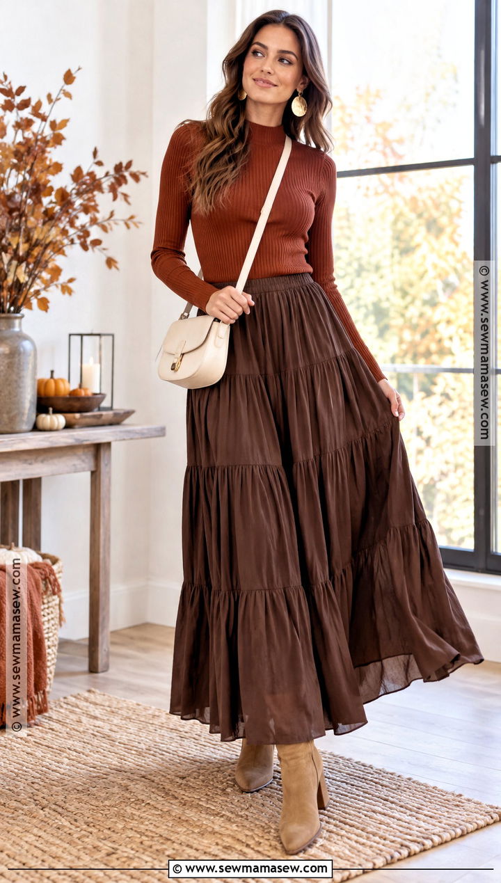 Brown Maxi Skirt With Rust Knit Top - 20 Thanksgiving Outfit Brown Skirt Ideas