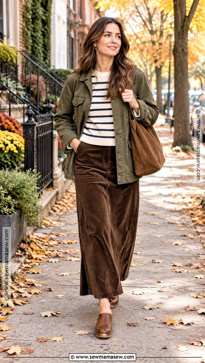 Brown Maxi Skirt With Striped Sweater And Clogs - 25 fall outfit skirt ideas
