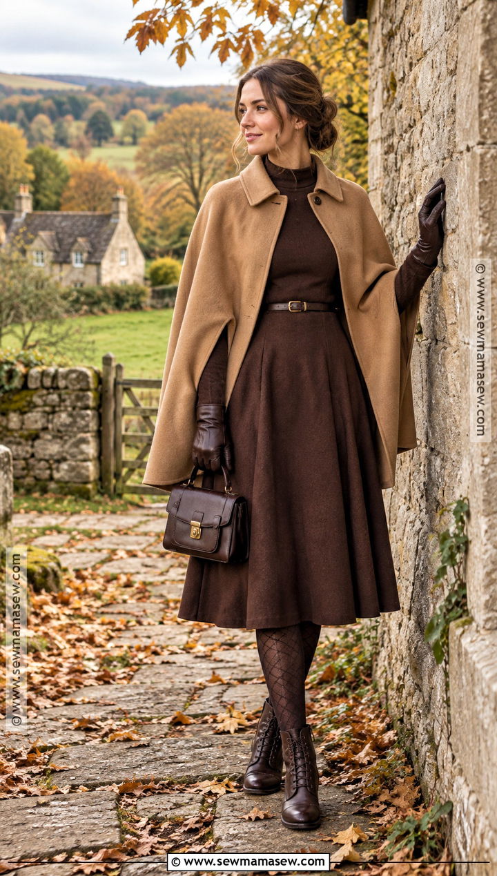Brown Midi Dress And Wool Cape Autumn Cottagecore Outfit - 25 autumn cottagecore outfit ideas