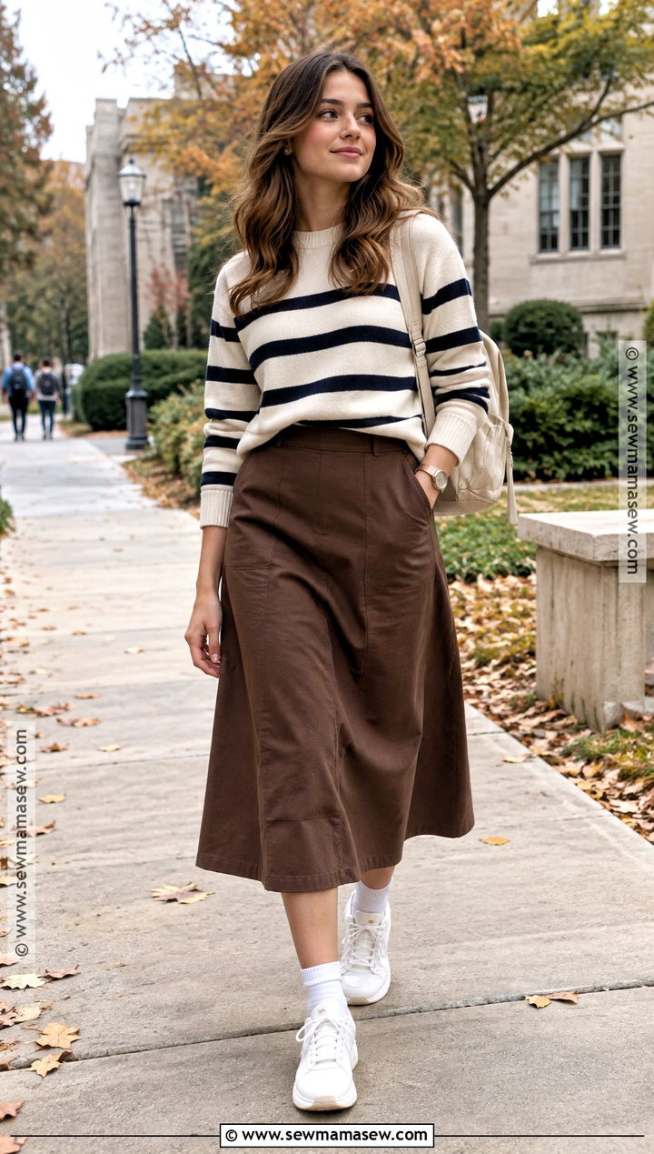 Brown Midi Skirt And Striped Sweater Outfit - 15 back to school outfits with skirt