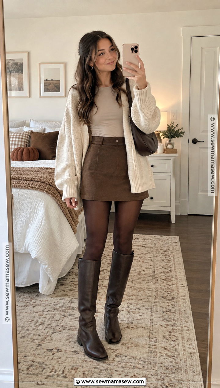 Brown Mini Skirt With Oversized Cardigan - 20 Thanksgiving Outfit Brown Skirt Ideas