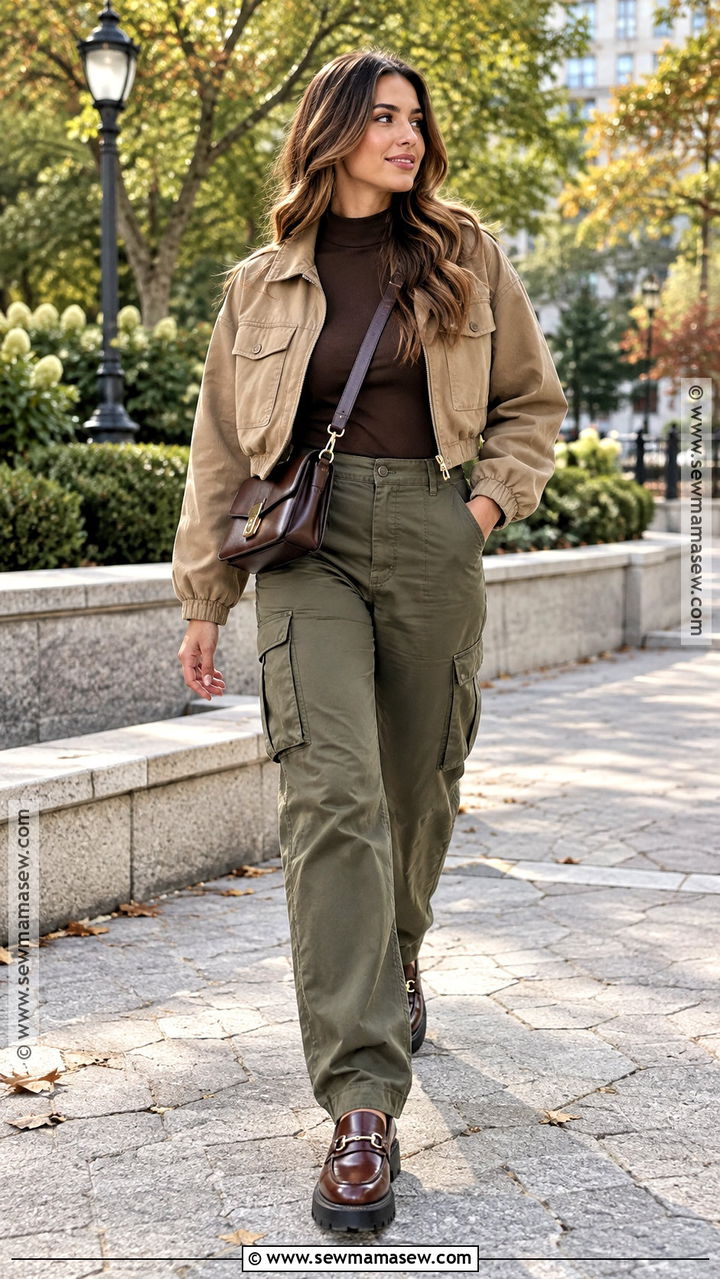 Brown Mock Neck Top With Olive Cargo Pants - 20 brown top outfit fall ideas