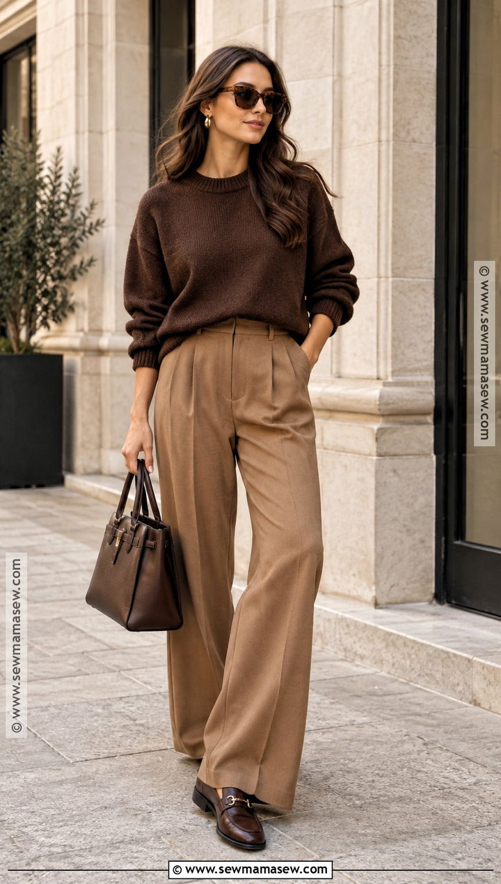 Brown Monochrome Fall Outfit With Trousers - 25 effortless fall outfits