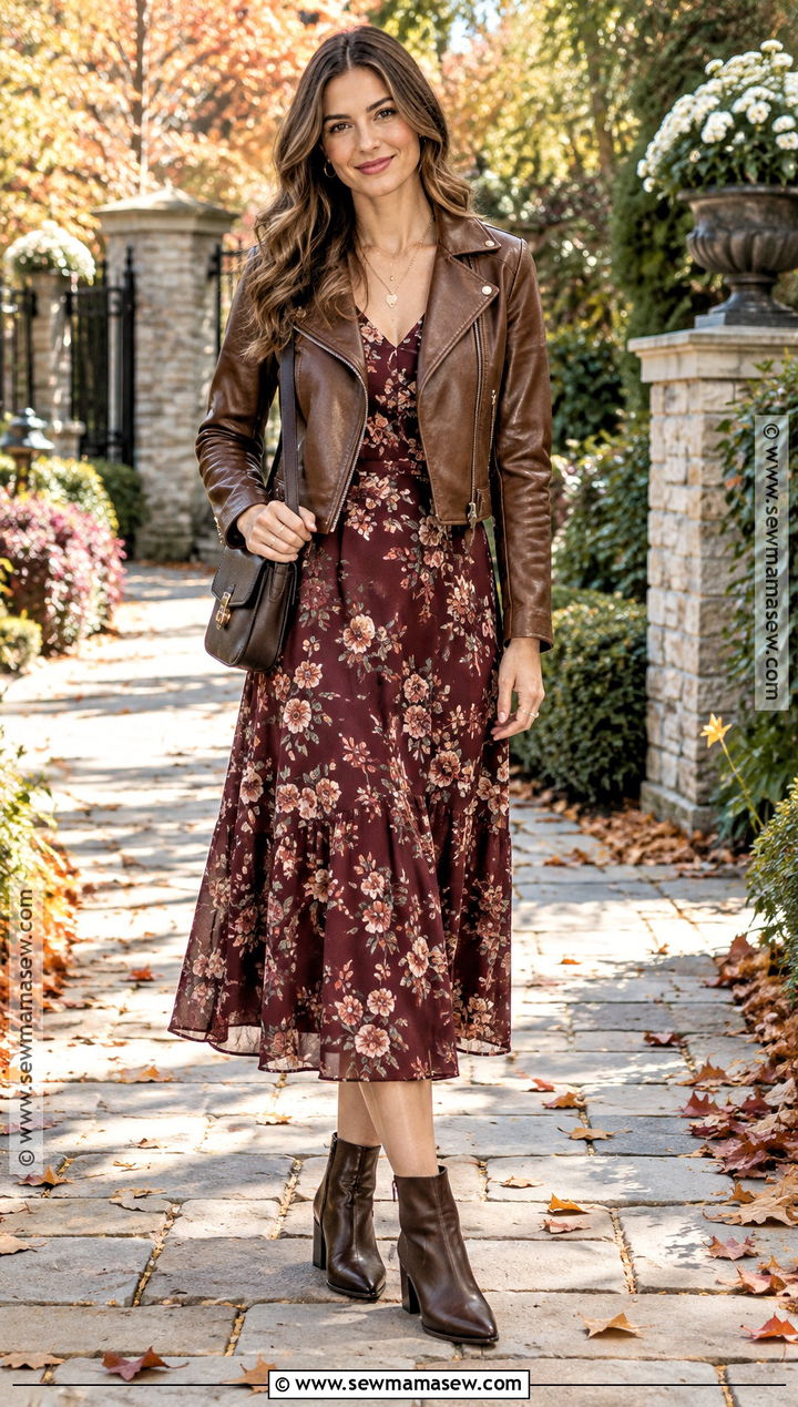 Brown Moto Jacket With Midi Dress - 20 brown fall jacket ideas