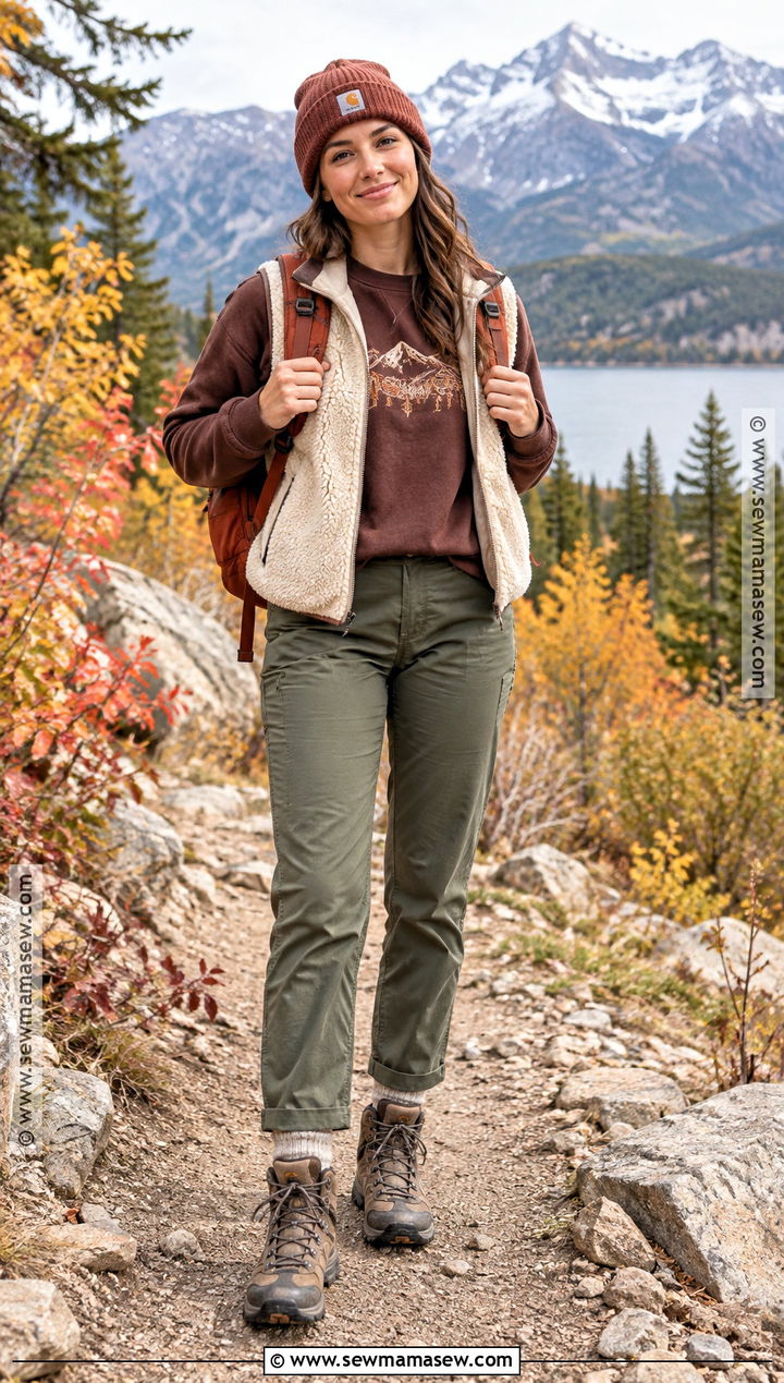 Brown Mountain Embroidered Sweatshirt Outfit With Hiking Pants - 20 Fall Embroidered Sweatshirts Ideas