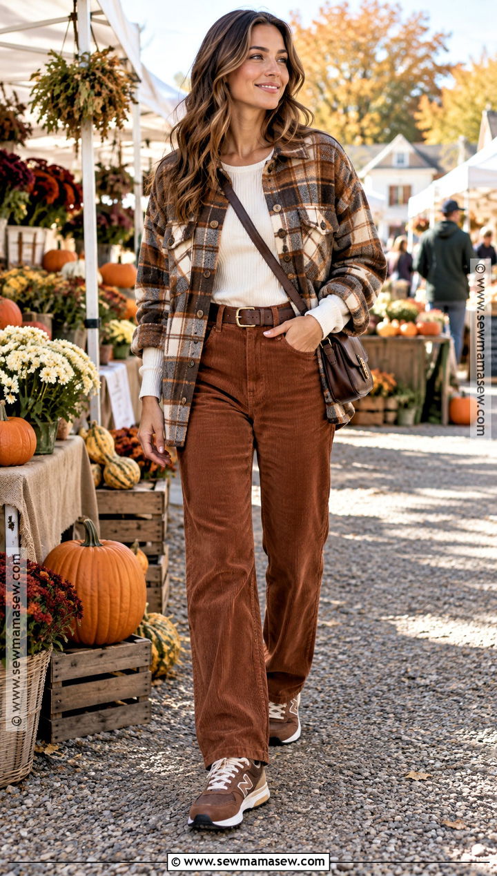 Brown New Balance Sneakers With Corduroy Pants And Shacket - 20 new balance autumn outfit ideas