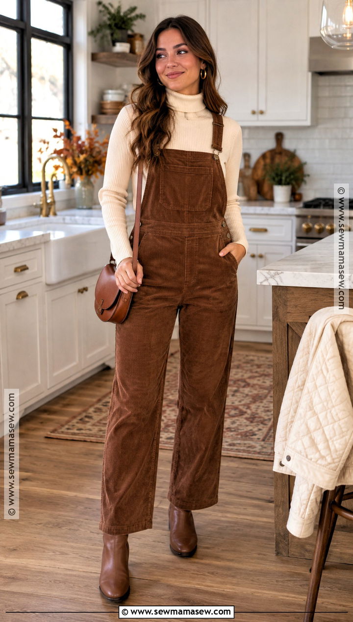 Brown Overalls And Ribbed Turtleneck - 20 thanksgiving outfit brown ideas