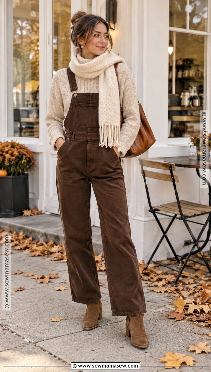 Brown Overalls With Oatmeal Sweater And Suede Boots - 25 overalls outfit fall