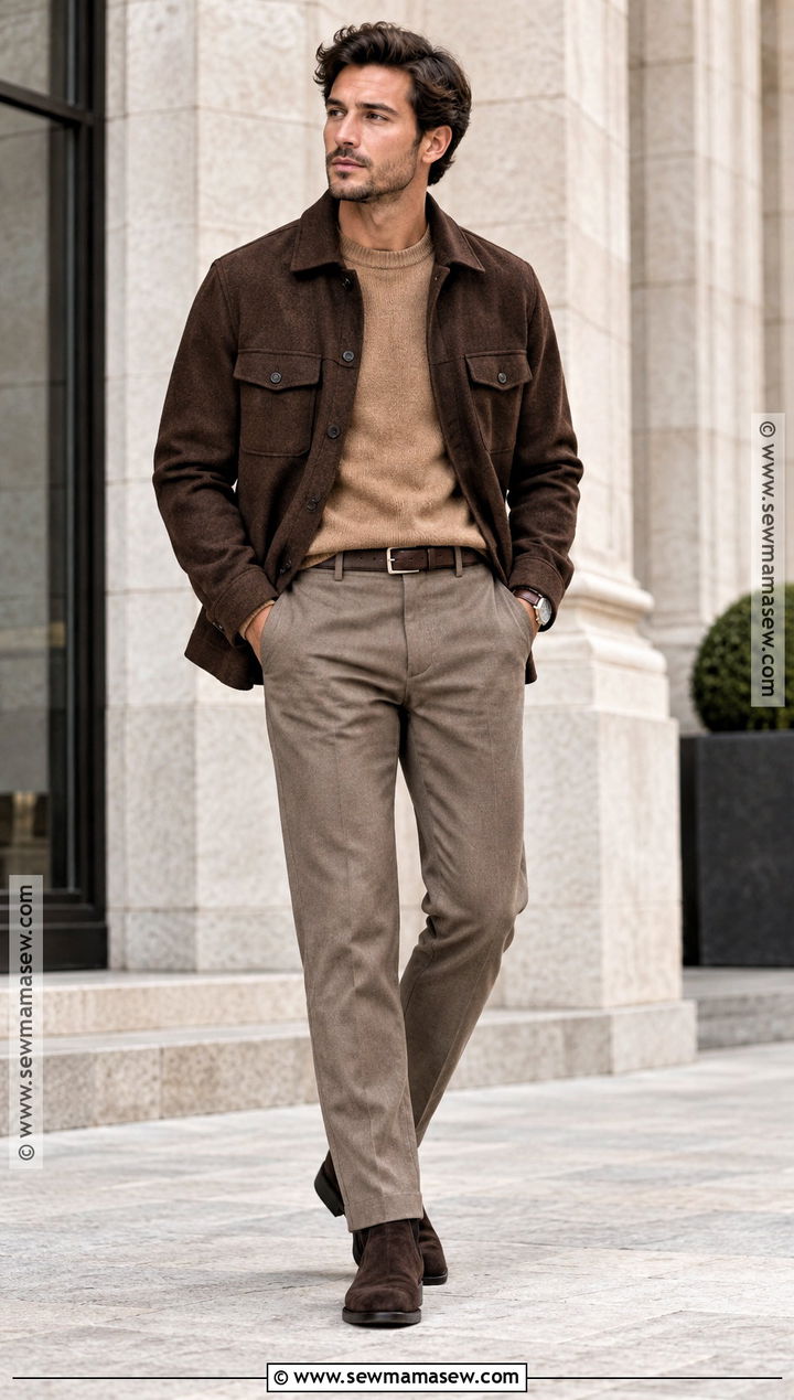Brown Overshirt With Tonal Sweater and Trousers - 20 Men Autumn Outfit Casual Ideas