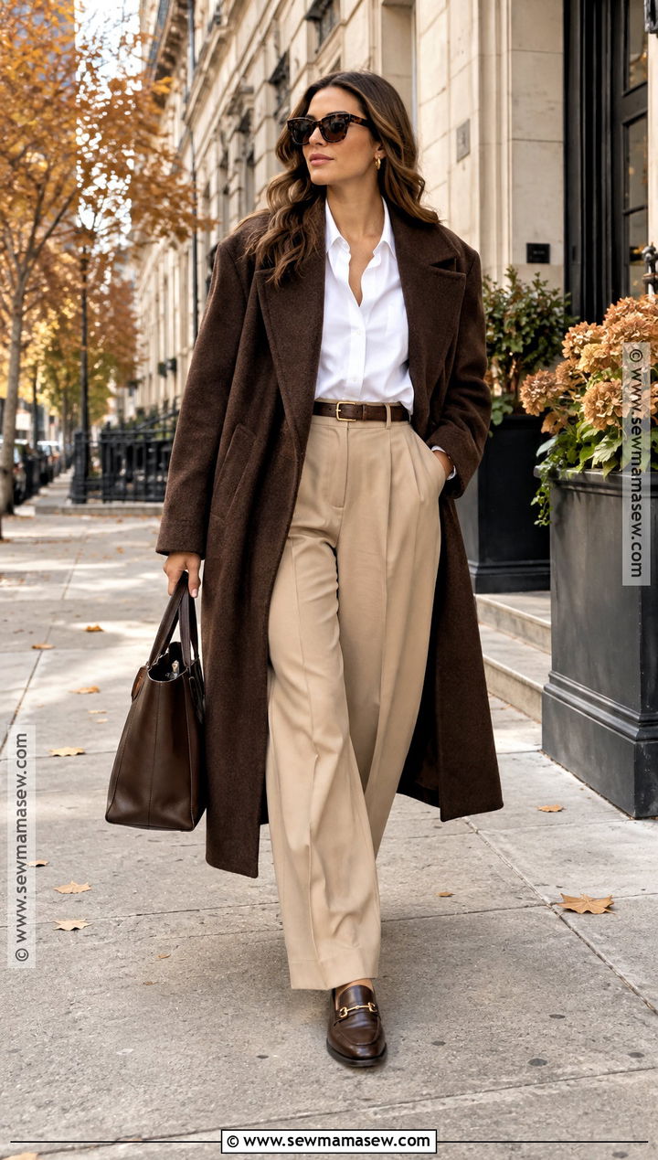 Brown Oversized Coat With Tailored Trousers - 15 autumn coat ideas for women 2026