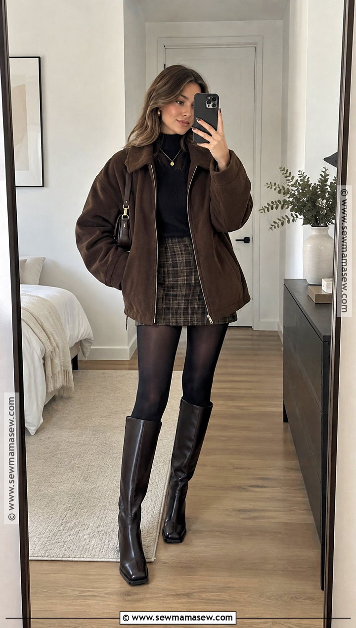 Brown Oversized Jacket With Mini Skirt And Boots - 20 fall outfits brown jacket