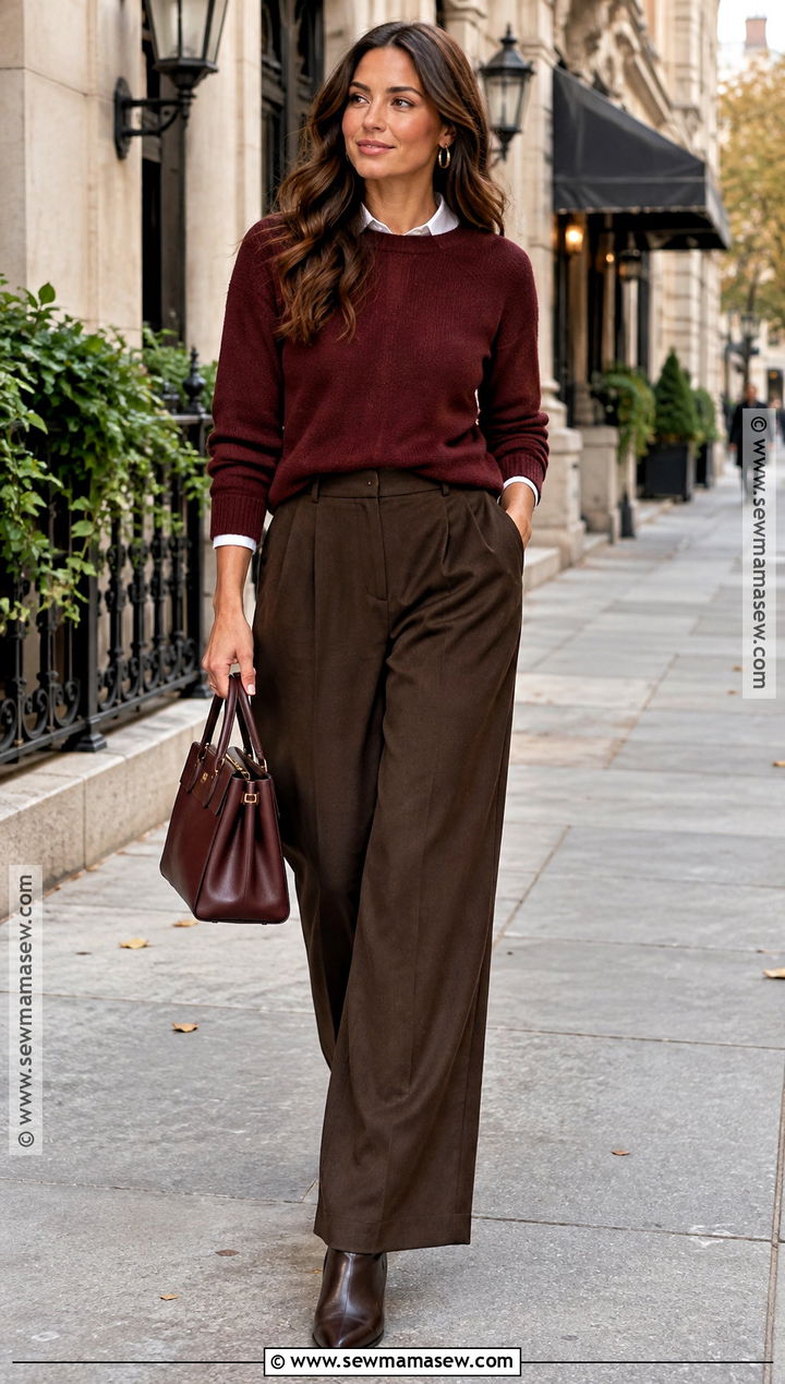 Brown Pants With Burgundy Sweater - 20 fall outfits with brown pants